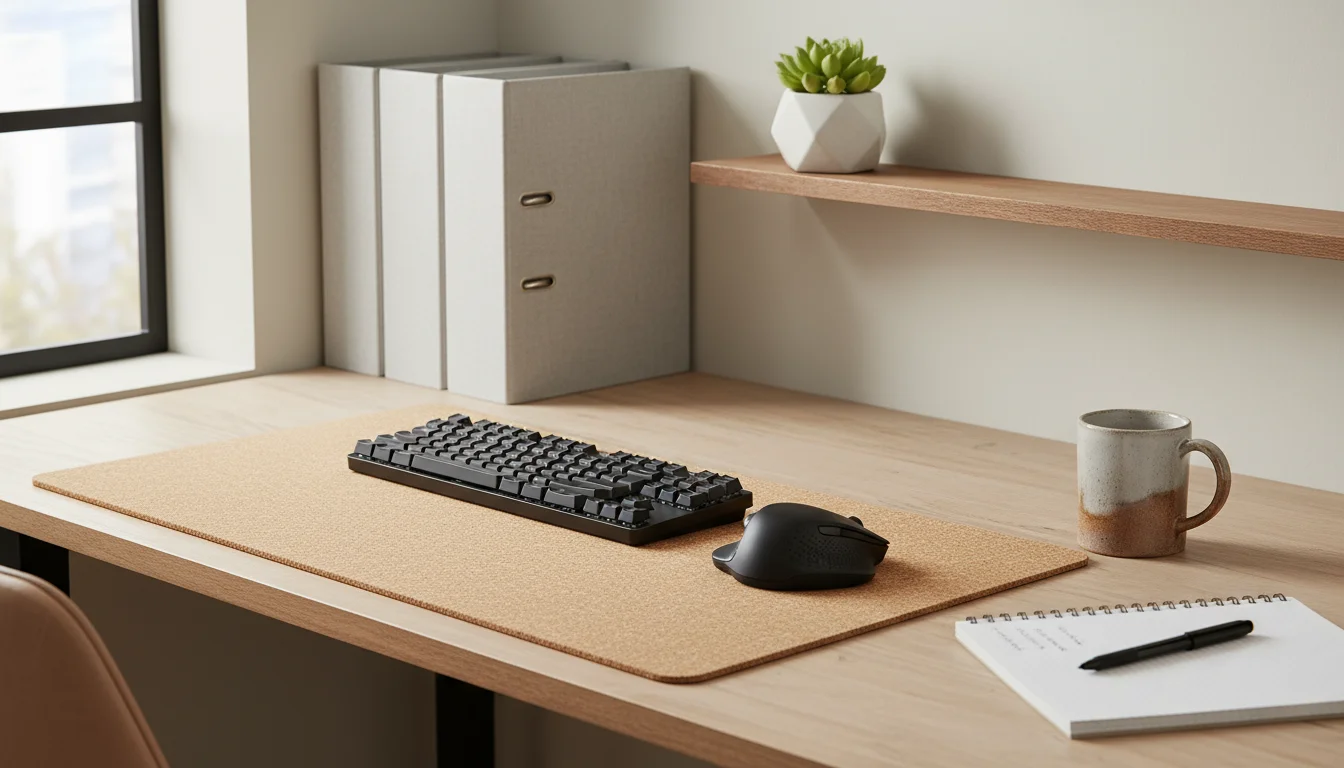 Neatly organized home office desk showing distinct work zones: keyboard, mouse, water, notepad, pens, binders, and a plant. Soft light.