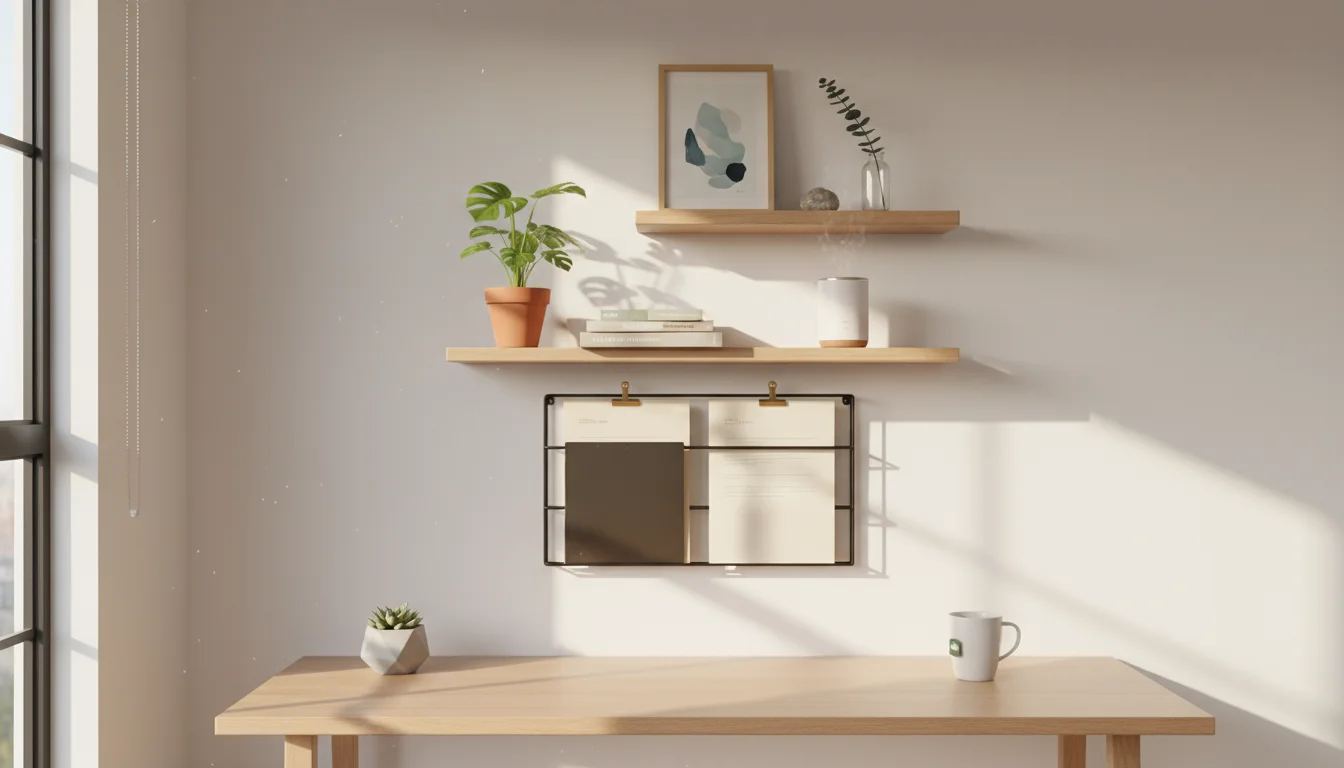 An organized home office wall with a clear wooden desk below. Floating shelves hold books and a plant, while a wall file and a cork board keep essenti