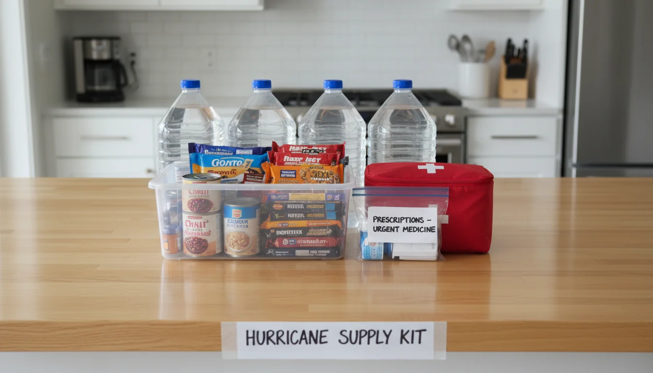 Organized hurricane kit items on a light kitchen counter: water jugs, clear bin of food, first-aid kit, medication bag, can opener.