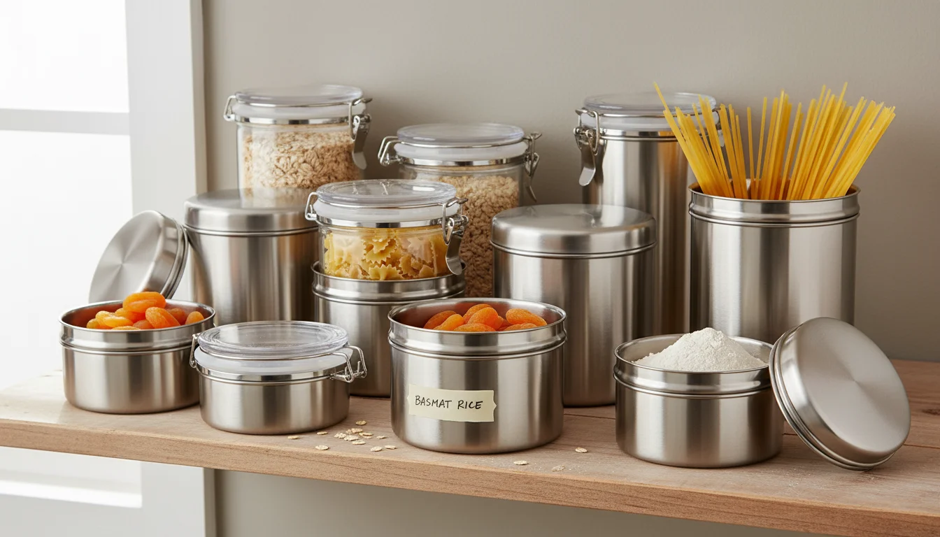 Organized kitchen pantry shelf with various sizes of stainless steel containers storing dry goods like flour, oats, and pasta.