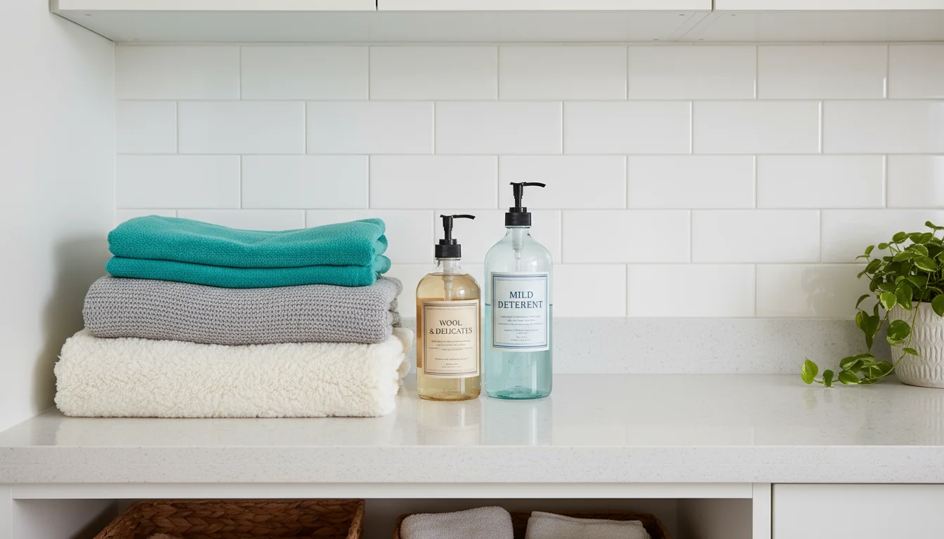 Organized laundry counter with assorted throw blankets, a hand placing a faux fur blanket into a mesh bag, next to 'Delicates' and 'Mild' detergents.