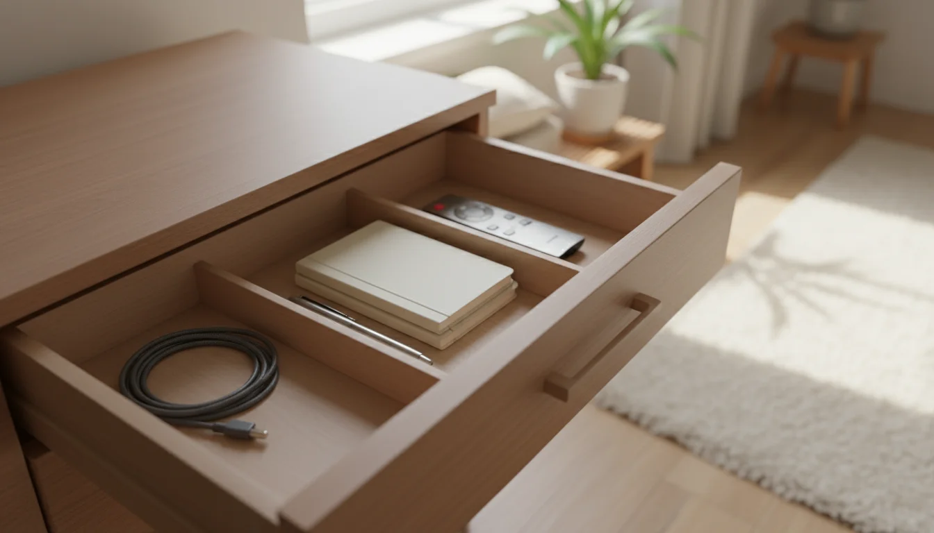 Organized light wood console drawer in a studio, revealing neatly arranged phone charger, notebooks, pen, and remote under soft light.