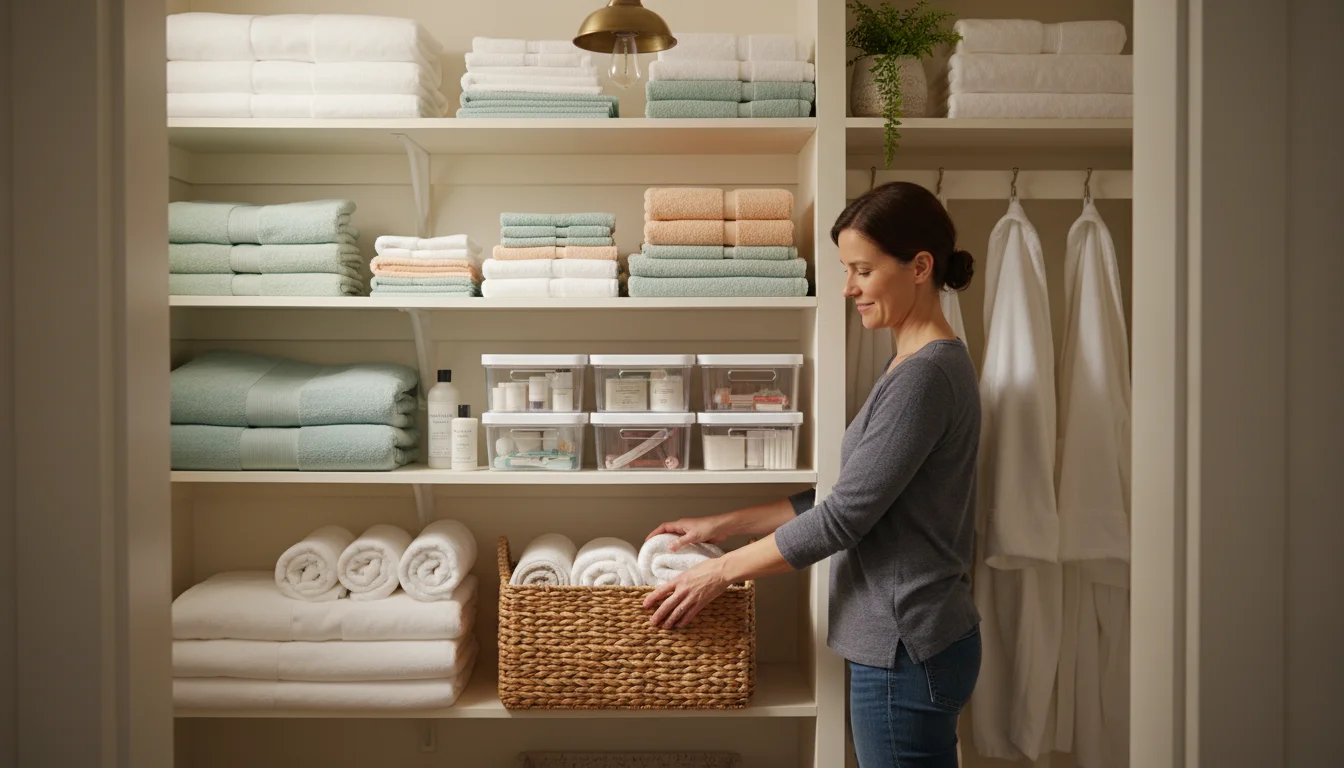 An organized linen closet with wooden shelves, clear plastic bins, a woven basket, and neatly folded towels. A person reaches into a clear bin.