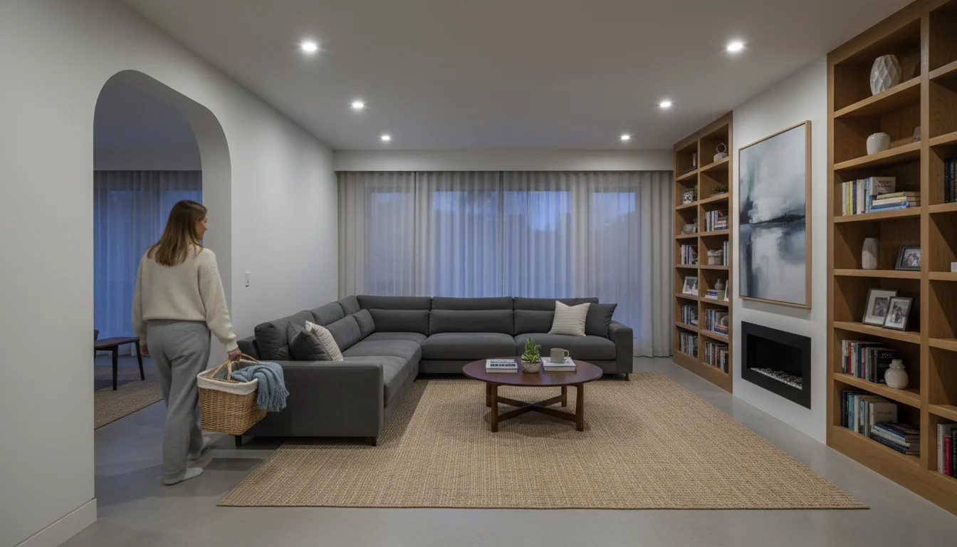 Organized living room in early evening with soft overhead recessed lights on, a woman walks in carrying a laundry basket.