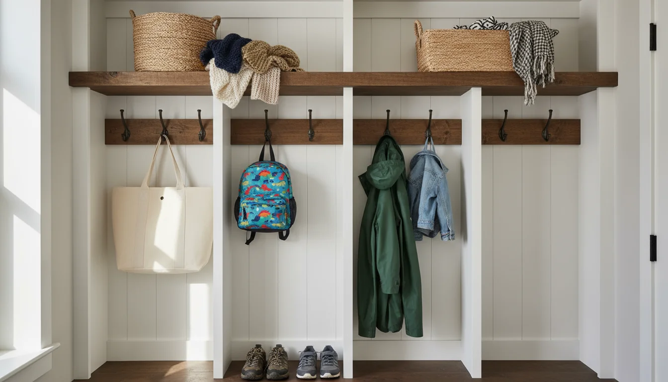 Eye-level shot of an organized mudroom with built-in cubbies, wall hooks holding bags and jackets, and open shelves with baskets.