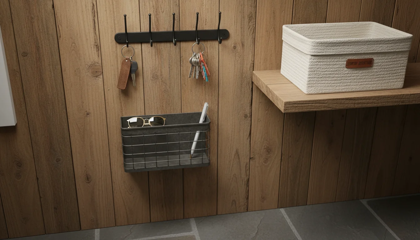 Organized mudroom wall section with a key rack holding keys, a wall caddy with sunglasses, a labeled fabric bin containing a dog leash, and a phone ch