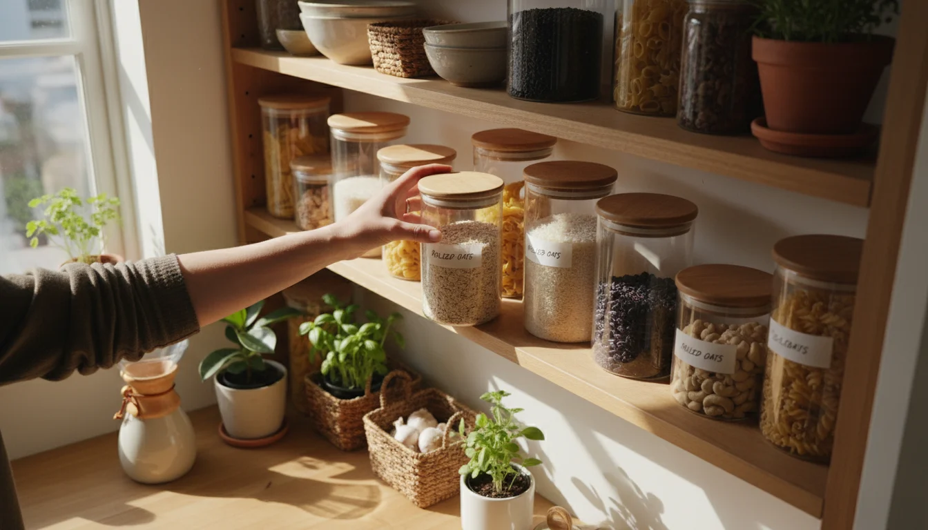 An organized open kitchen pantry shelf with clear glass jars of dry goods and stackable containers, a hand placing a jar of oats.