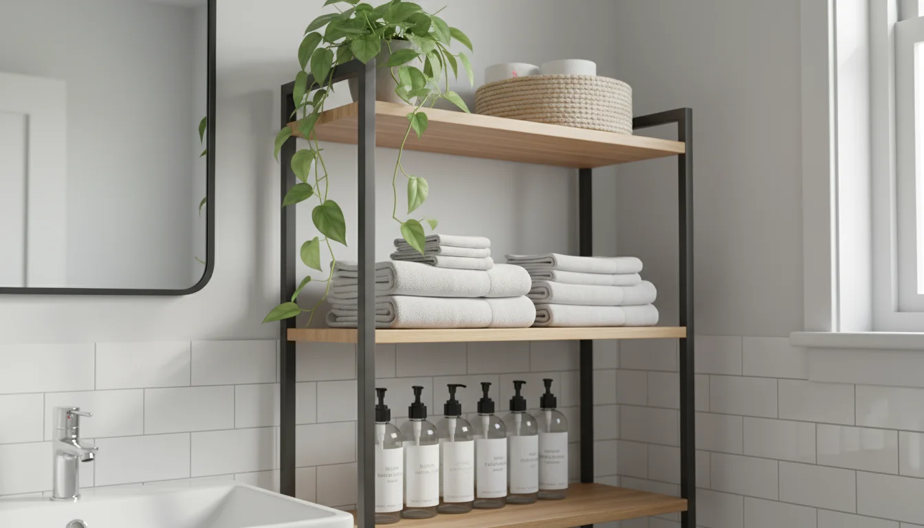 An organized over-the-toilet shelving unit in a small bathroom, featuring towels, toiletries, and a plant.