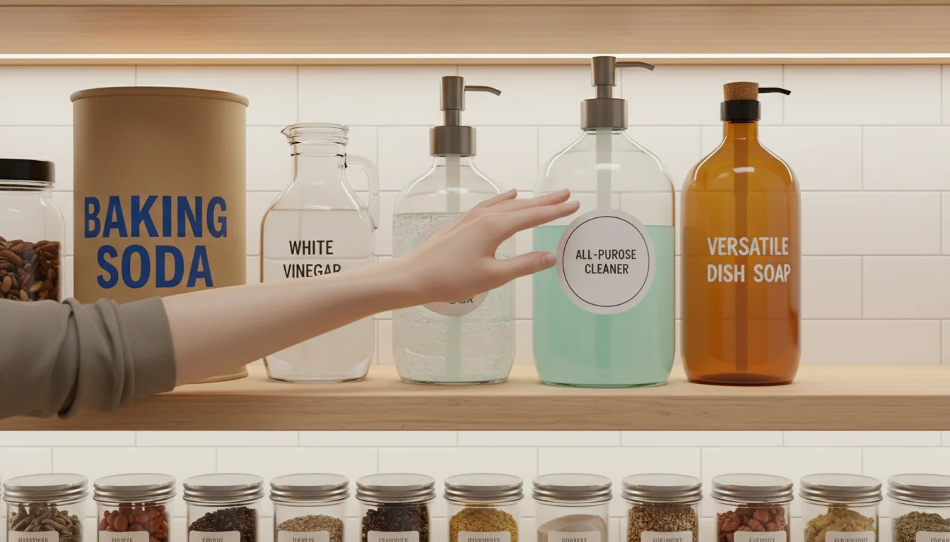 Organized pantry shelf showcasing bulk generic cleaning supplies: white vinegar, baking soda, and dish soap. A hand adjusts a label.