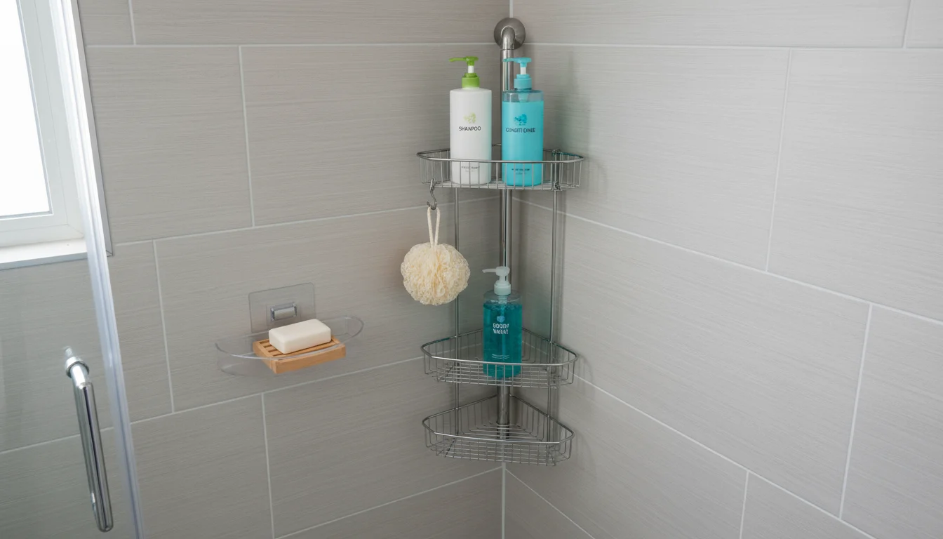 Elevated view into an organized shower with a tension-rod caddy holding toiletries and an adhesive corner shelf with soap.