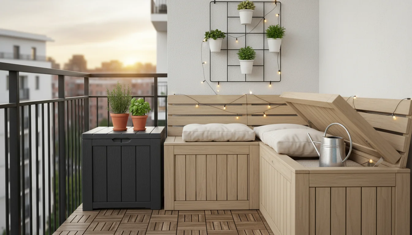 An organized small balcony corner featuring an open storage bench, a compact grey storage bin, and a wall-mounted rack.