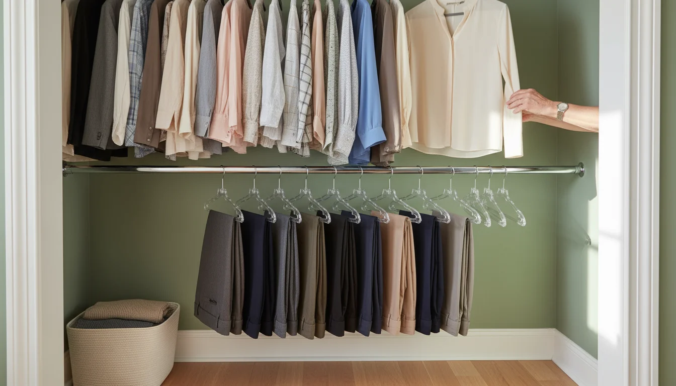 An organized small bedroom closet with double hanging rods. Velvet slimline hangers hold tops, while cascading hangers hold pants. A hand reaches for 