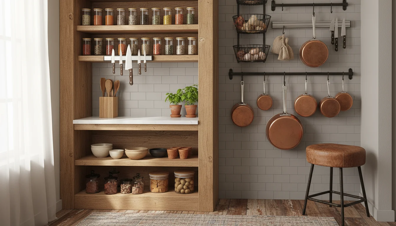 Organized small kitchen corner with magnetic knife strip on backsplash holding knives and a pot rack on a cabinet side holding pans.