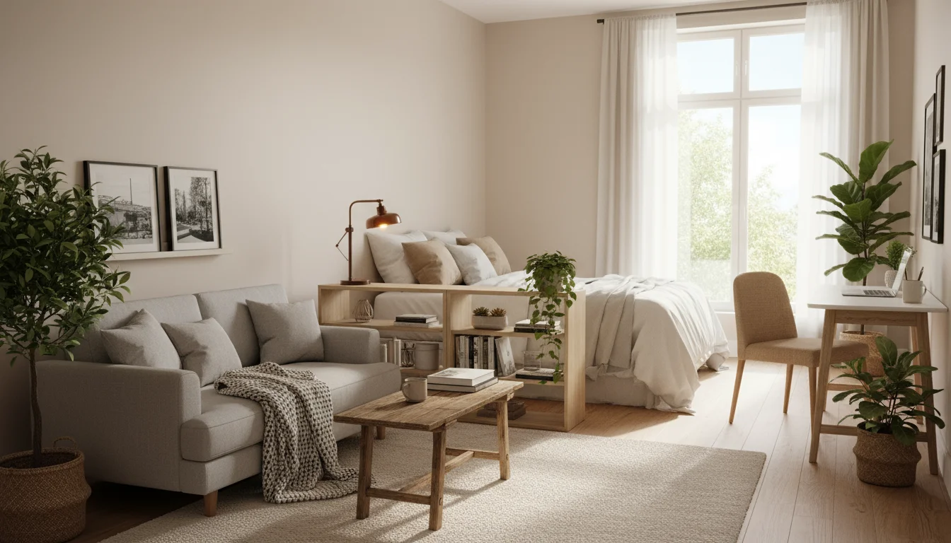 Organized studio apartment with distinct living, sleeping, and work zones, defined by furniture and a low bookcase divider.