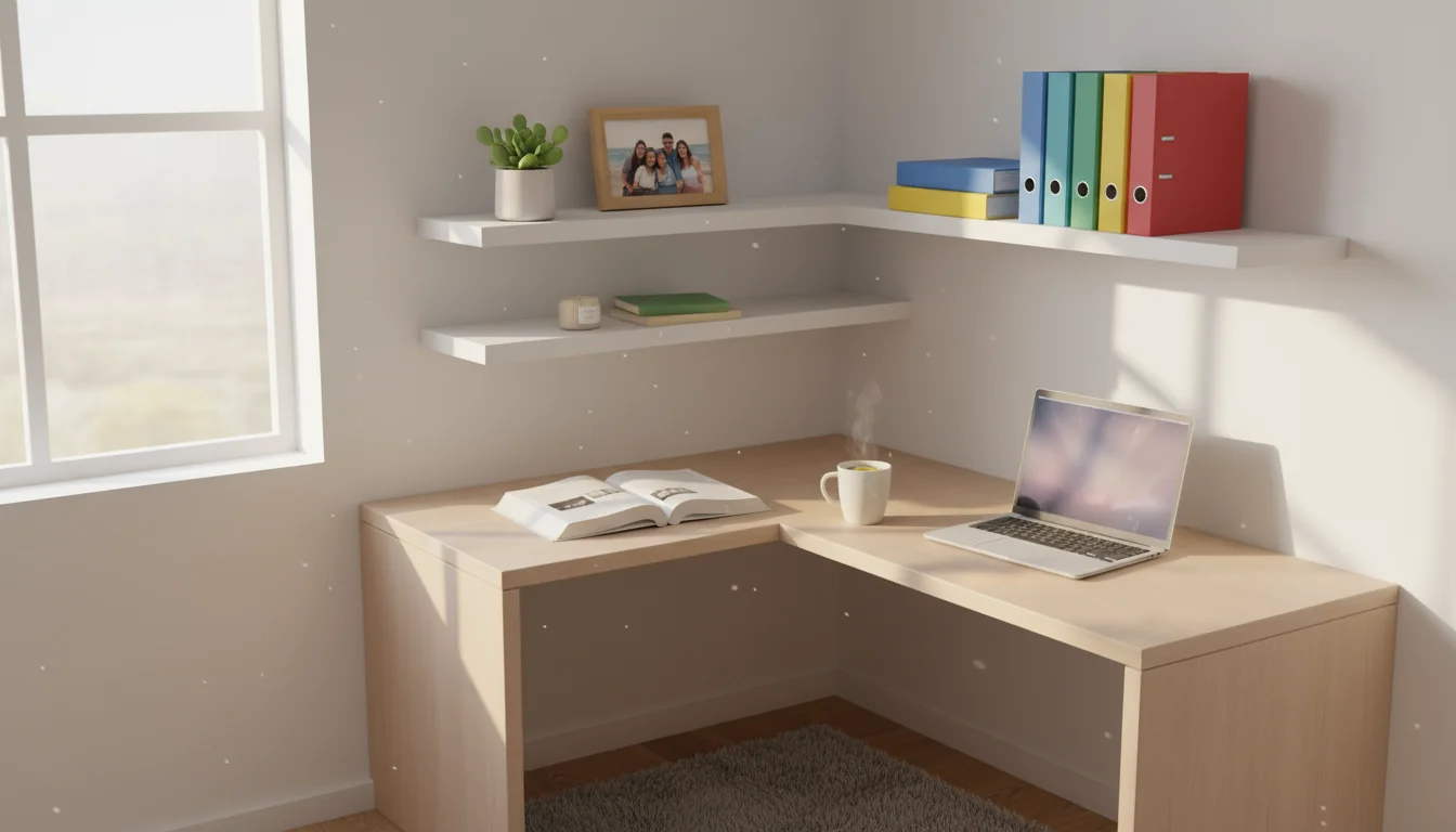 Organized teen bedroom corner with light wood desk, a laptop, and floating white corner shelves holding books, a plant, and binders.