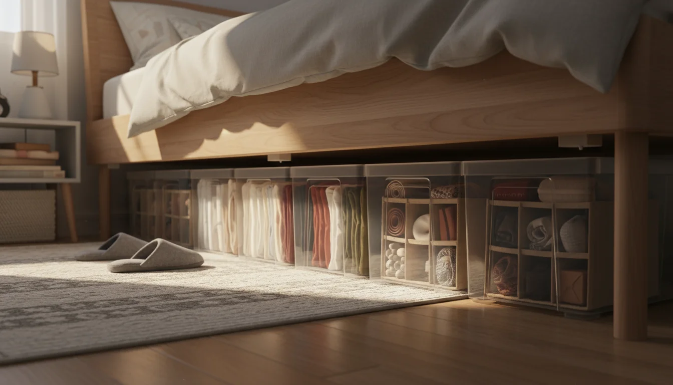 Close-up of organized under-bed storage in a small bedroom, showcasing clear bins with vertically folded items and clever dividers.