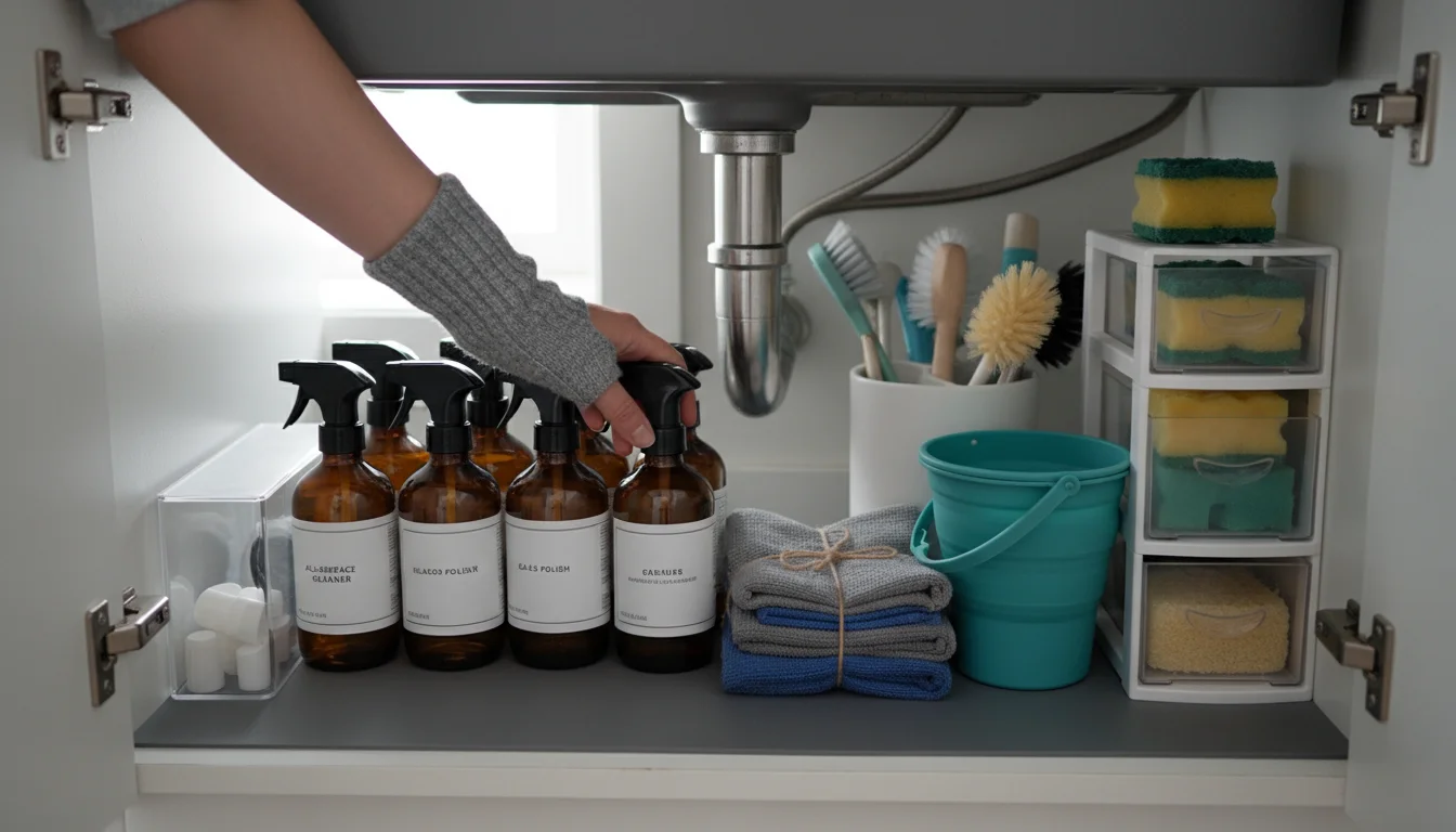 An organized under-sink cabinet with cleaning supplies, a hand placing a brush on a hook inside the cabinet door.