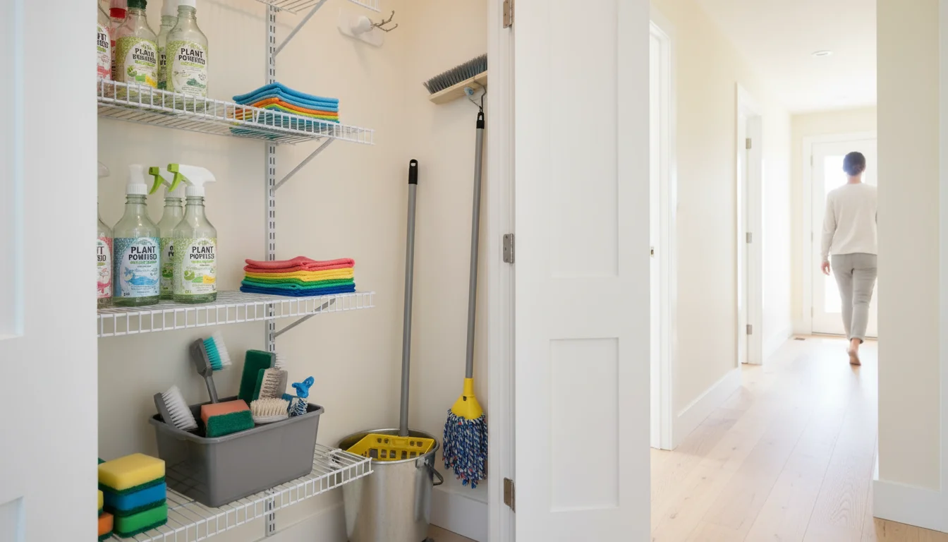 Organized utility closet with white wire shelving holding cleaning supplies, looking out to a bright hallway and cozy living space beyond.