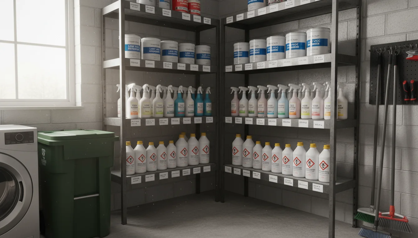 Neatly organized utility shelves holding tightly sealed paint cans, cleaners, and other household products in a well-ventilated space.