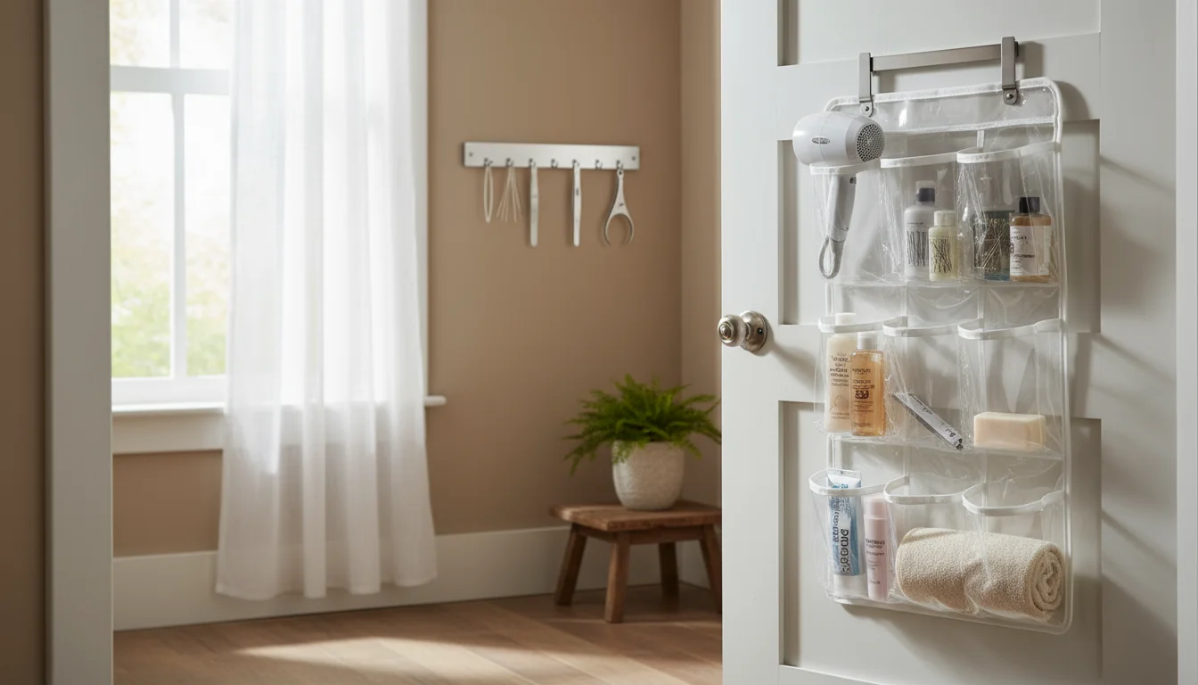 An over-the-door clear pocket organizer on a bathroom door and a magnetic strip on the adjacent wall, holding toiletries and small metal items.