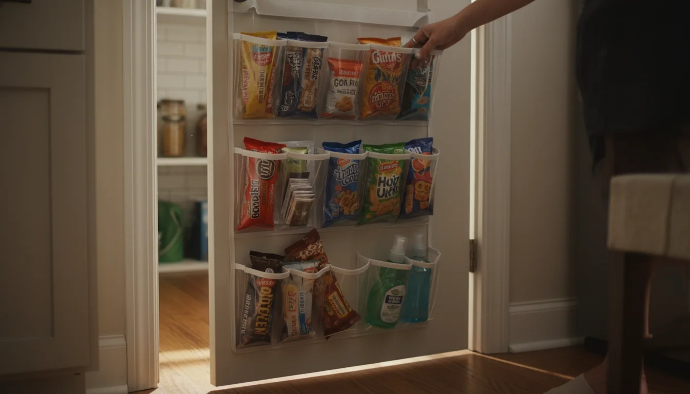 Over-the-door clear pocket organizer on a pantry door, filled with snacks, spice packets, and cleaning supplies. Hand reaches for a granola bar.