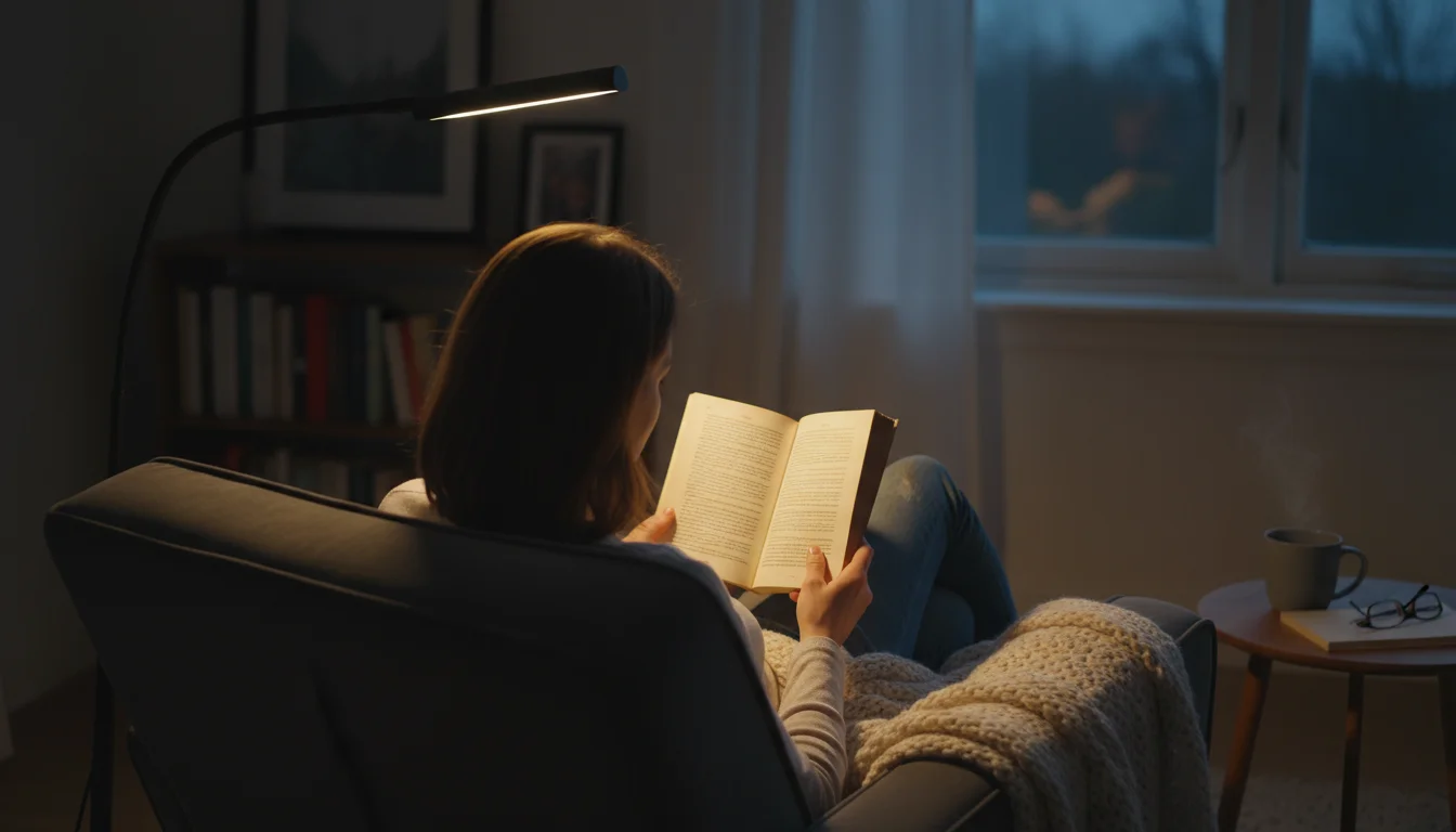 Over-the-shoulder view of a person reading under the focused, warm light of a modern floor lamp in a cozy armchair.