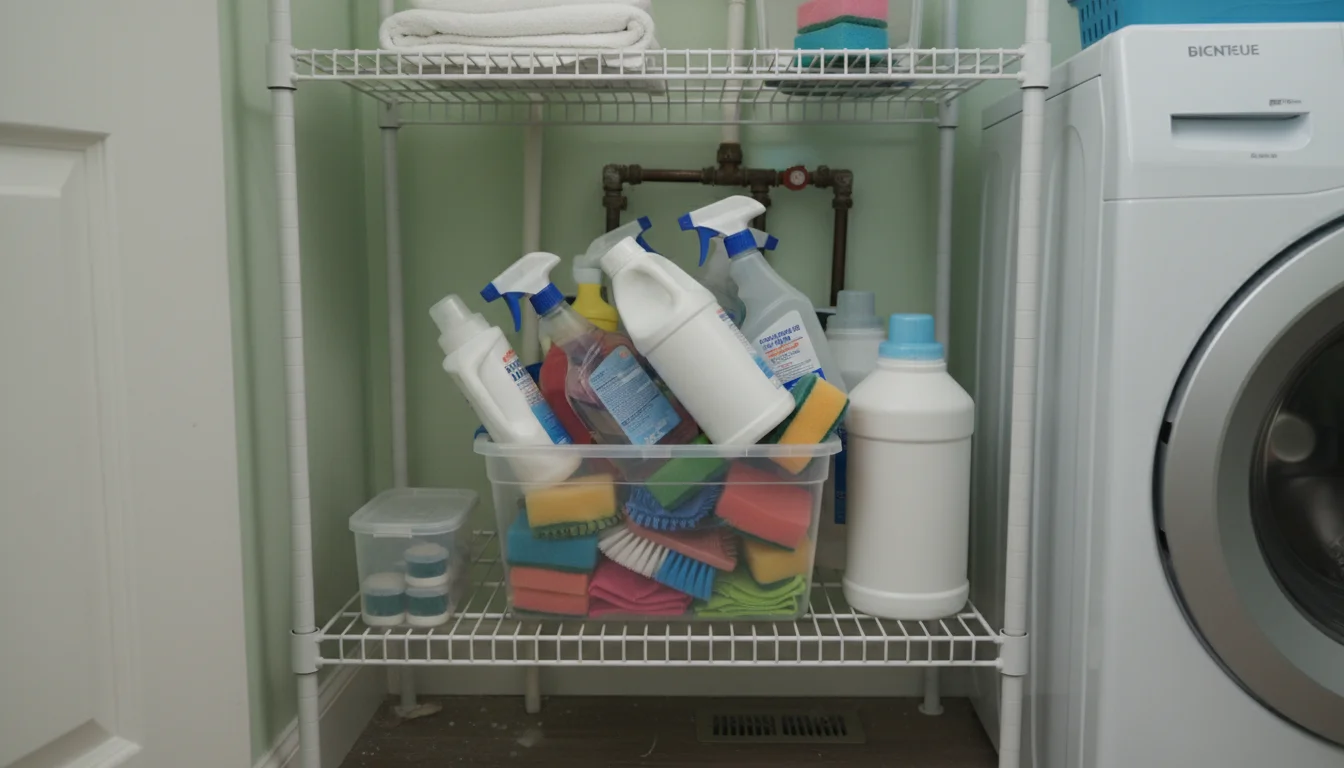An overcrowded shelf on a white wire storage unit in a utility closet, showing disorganized cleaning supplies and bottles stacked precariously.