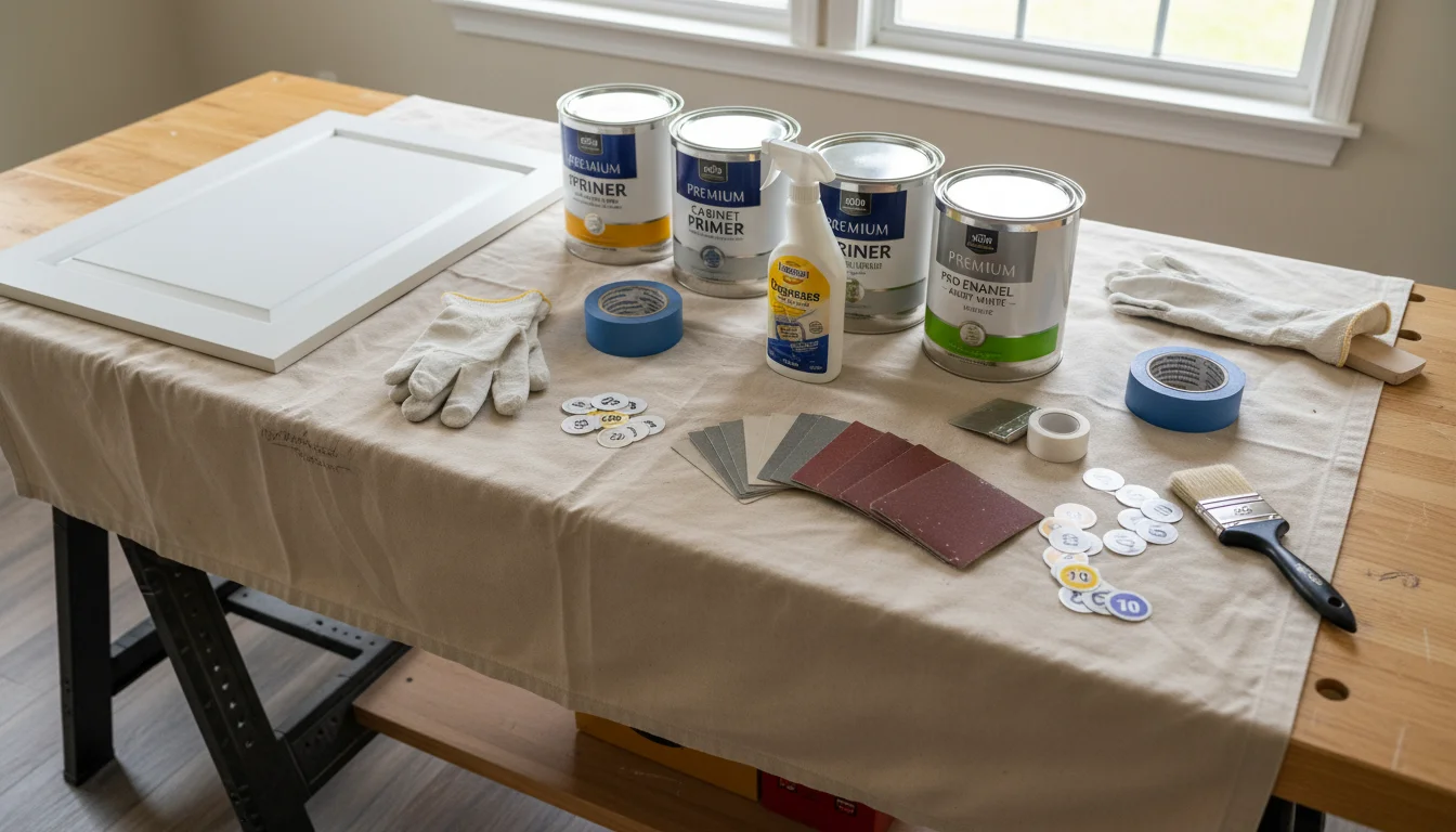 Painting supplies including paint cans, primer, sandpaper, degreaser, and tape neatly arranged on a drop cloth, ready for kitchen cabinet work.