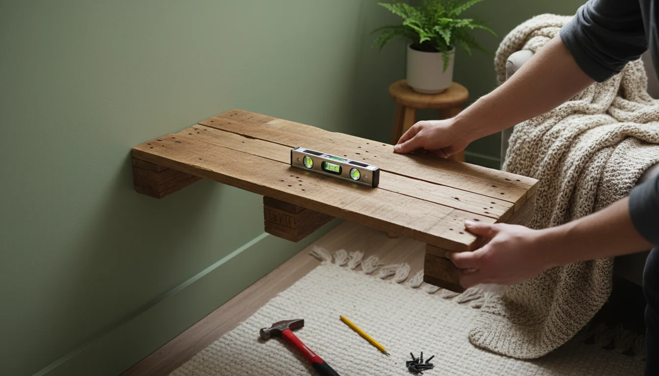 A pair of hands aligning a rustic reclaimed wood shelf into a cozy corner, with a small level on top.