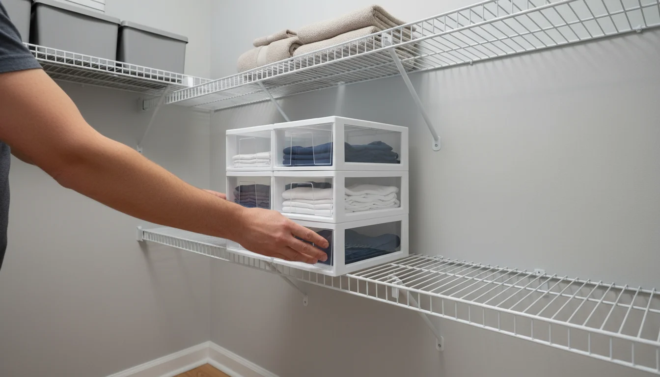 A pair of hands installing a clear modular drawer into a white wire shelf inside a freshly organized closet.