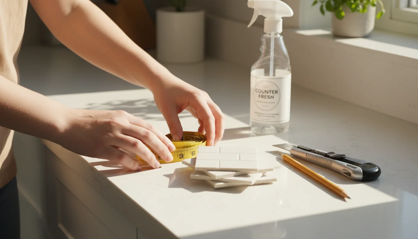 A pair of hands placing a measuring tape next to a stack of peel-and-stick tile sheets, utility knife, pencil, and cleaner on a clean kitchen counter,