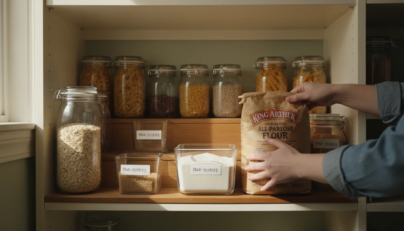 A pair of hands placing a new bag of flour behind an older, labeled clear container of flour on a pantry shelf with tiered risers.