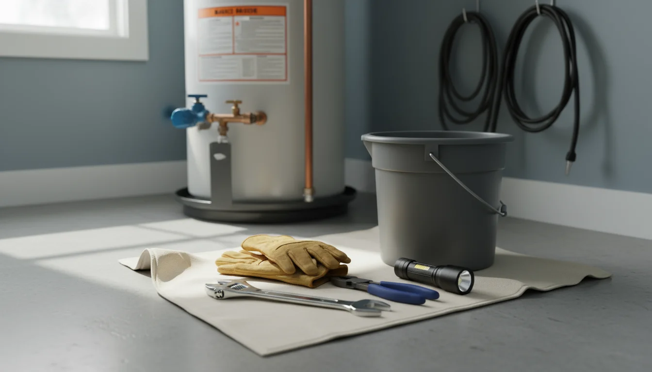 A pair of work gloves, an adjustable wrench, pliers, a flashlight, and a bucket are neatly arranged on a workbench in a utility space, with a water he