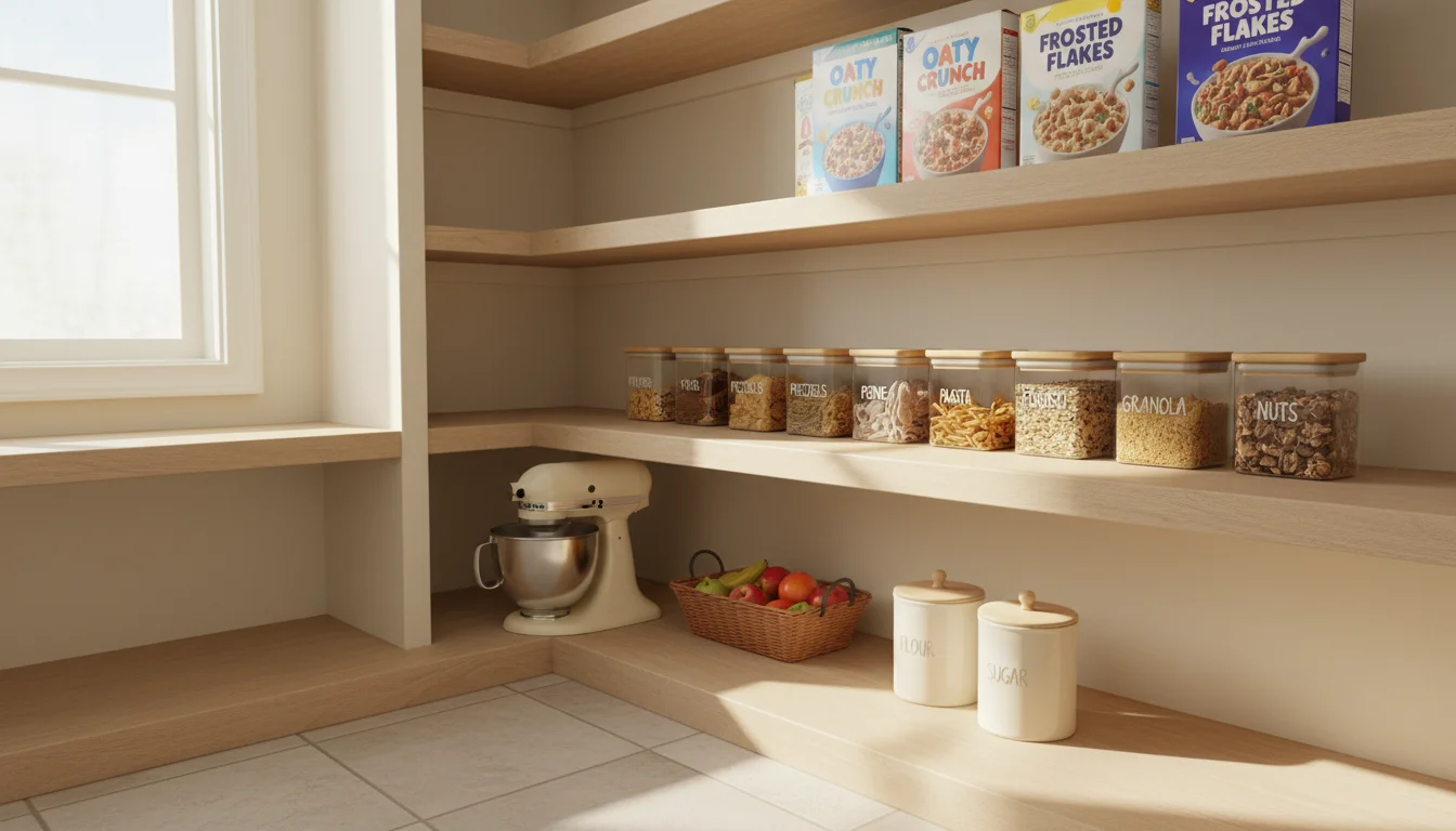A pantry corner showing tall cereal boxes, clear uniform containers with snacks, small appliances on a lower shelf, and a large woven basket on the fl