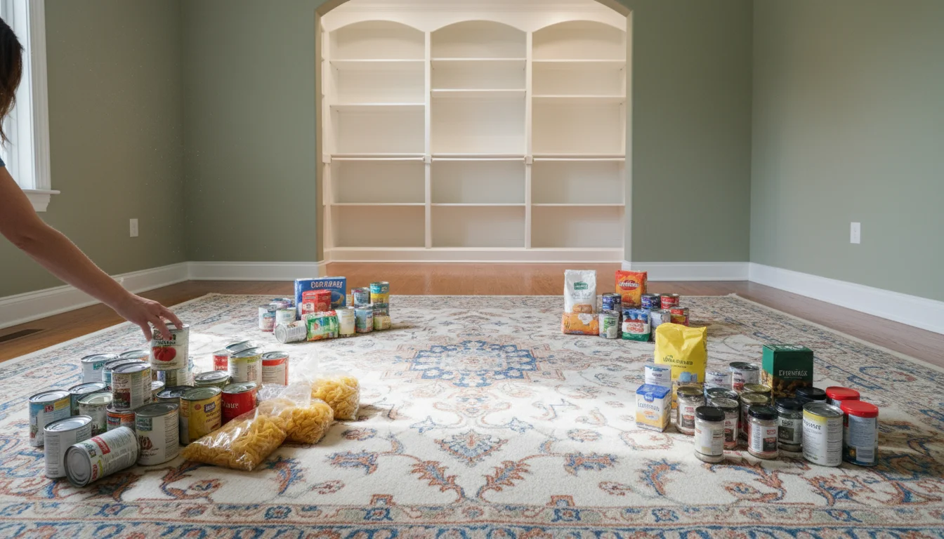 Pantry items sorted into categories on a rug in a hallway, with empty, clean pantry shelves visible in the background.