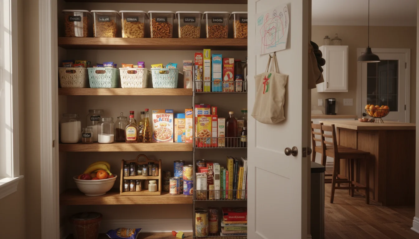 A pantry organized with various affordable products: clear bins, small baskets, and a magazine holder storing foil boxes.