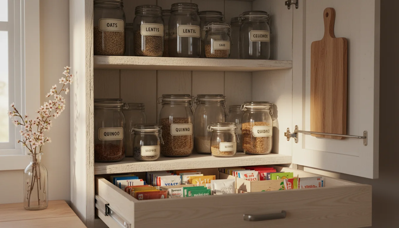 Pantry shelf with repurposed glass jars of dry goods. A drawer below is open, showing baking packets organized by cereal box dividers. A tension rod h