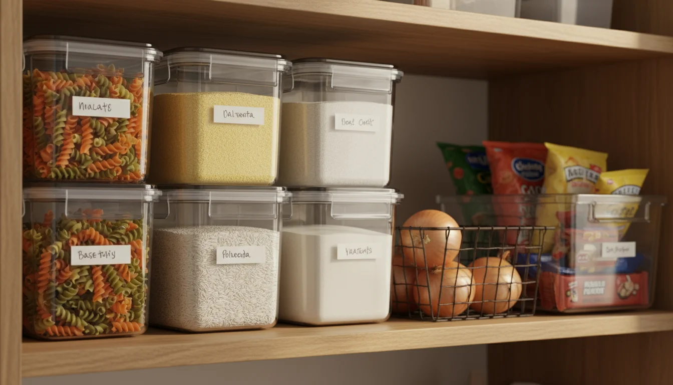 Close-up of a pantry shelf with clear, stackable airtight containers of dry goods, a wire basket with onions, and a plastic bin of snacks.