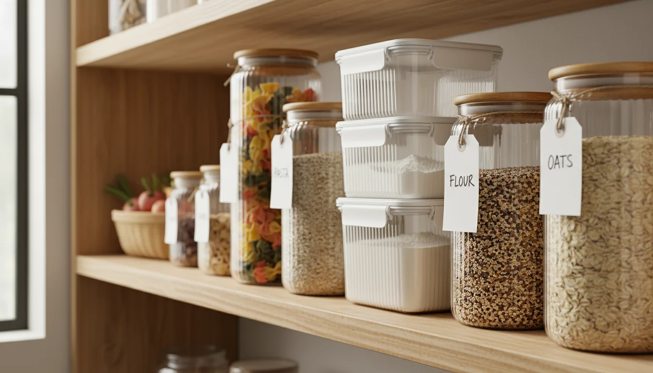 Close-up of a pantry shelf with clear, stacked containers of pasta, flour, and grains, a hand reaching for one.