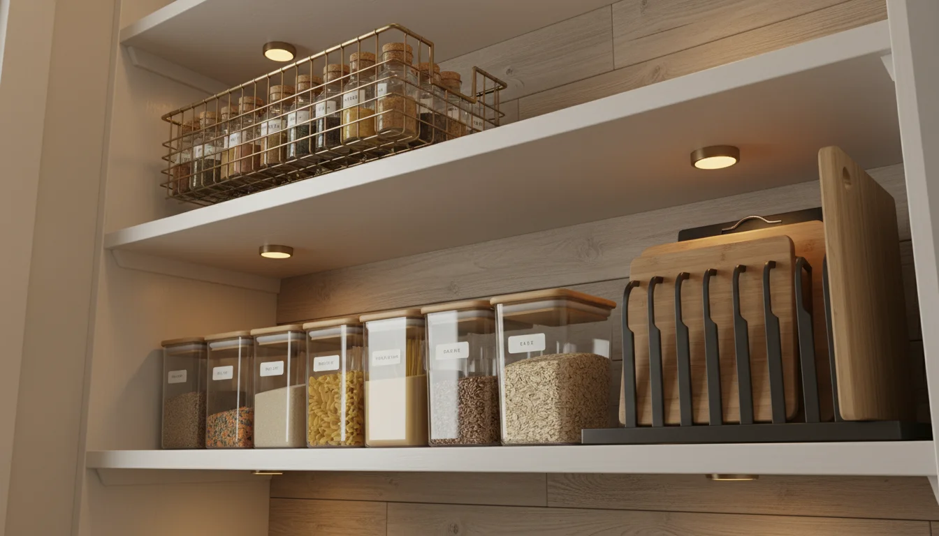 Pantry with under-shelf basket for spices, stackable dry goods containers, and a shelf divider organizing cutting boards, showing vertical space use.