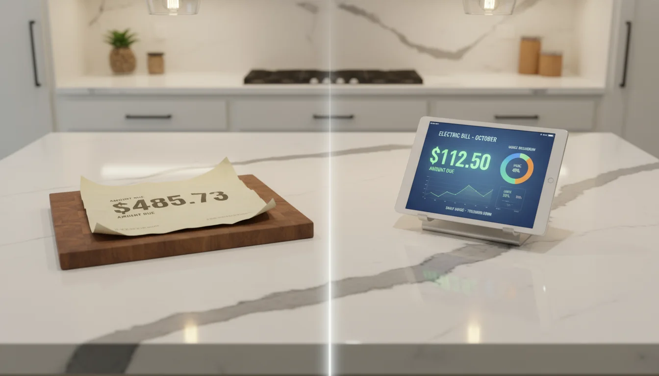 A paper electricity bill with a high amount beside a tablet showing a lower digital bill and clear solar ROI calculations.