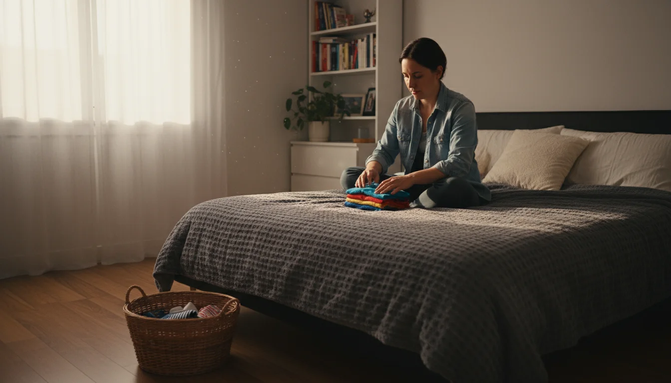 A parent, casually dressed, folds a small load of colorful laundry on a neatly made bed in a naturally lit bedroom.