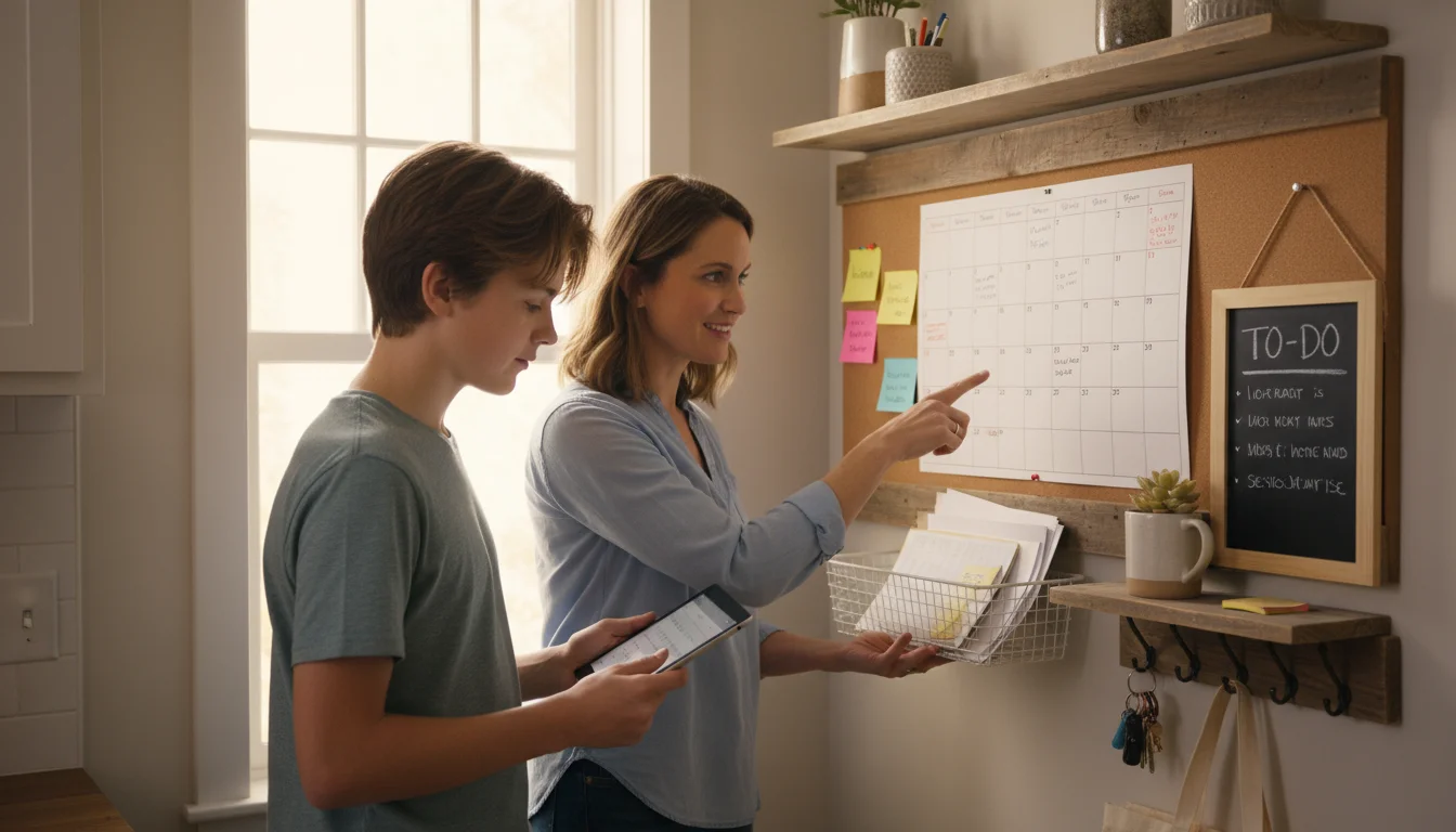 Parent and child collaboratively compare a wall calendar with a tablet at a home command center during a weekly review.