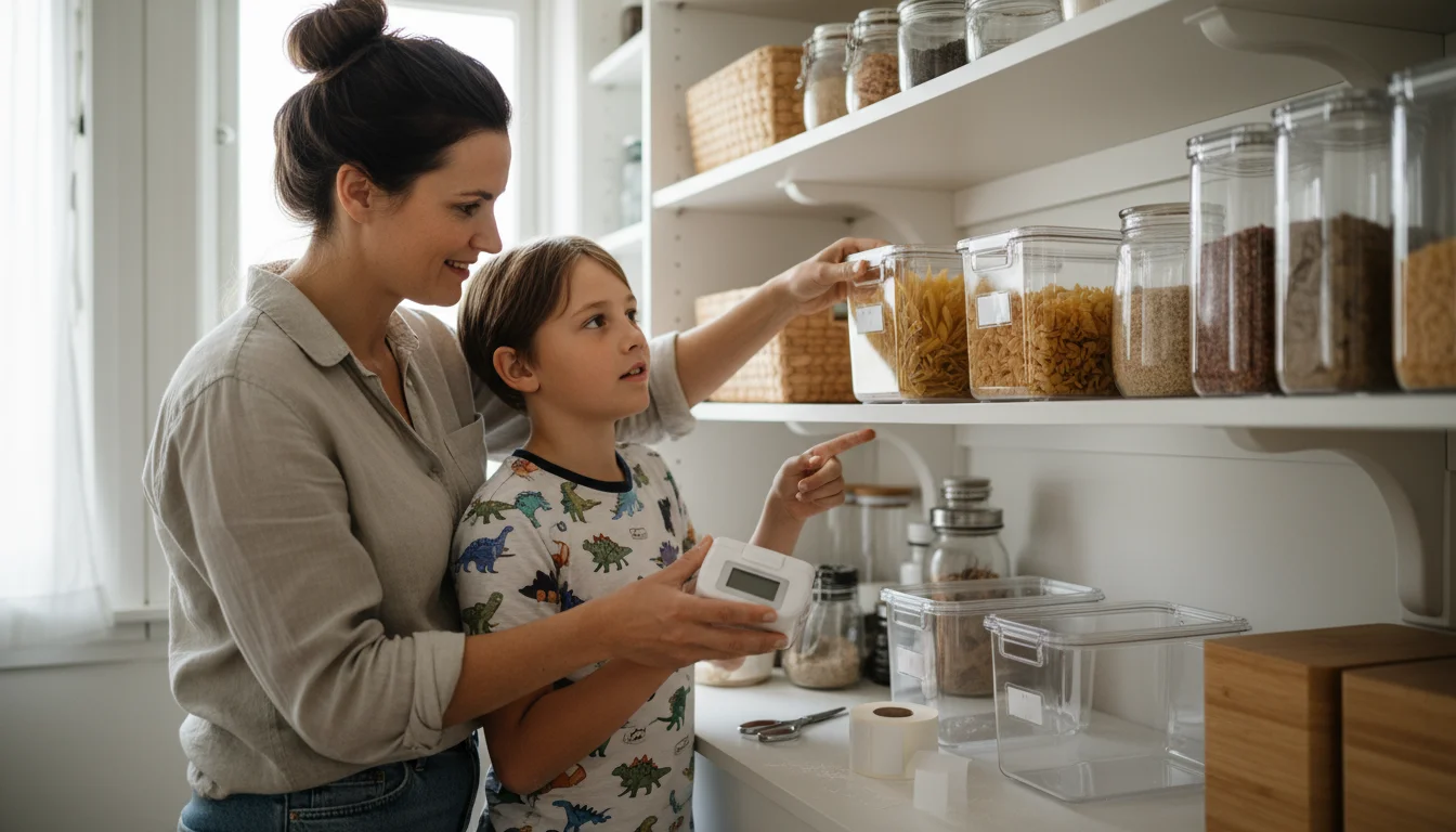 Parent and child collaboratively reorganizing a pantry shelf, holding a label maker and repositioning containers.