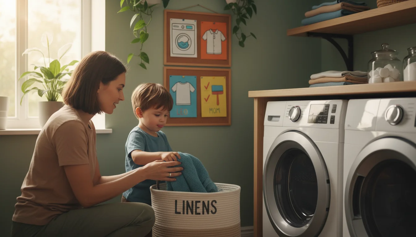 Parent and child in a cozy laundry room. The parent guides the 5-year-old child to place a towel into a basket, with a chore chart on the wall.