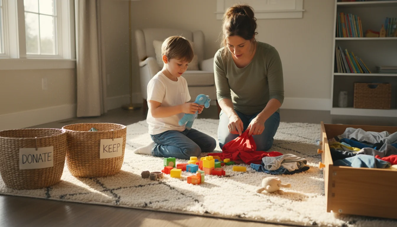 Parent and child on floor sorting toys and clothes into 'Donate' and 'Keep' baskets from an open drawer in a naturally lit bedroom.