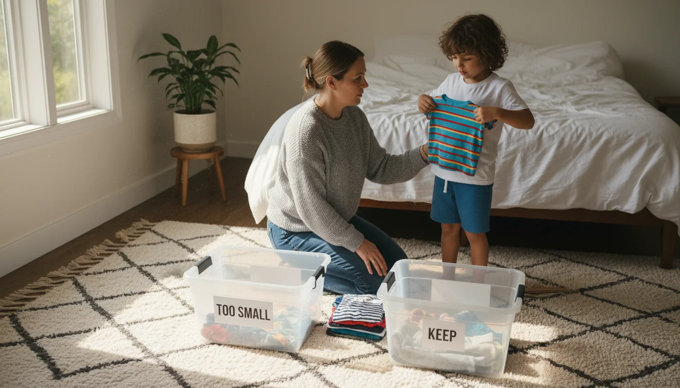 A parent and child kneel on a rug, sorting clothes. The child holds a small t-shirt near a bin labeled 'Too Small'.