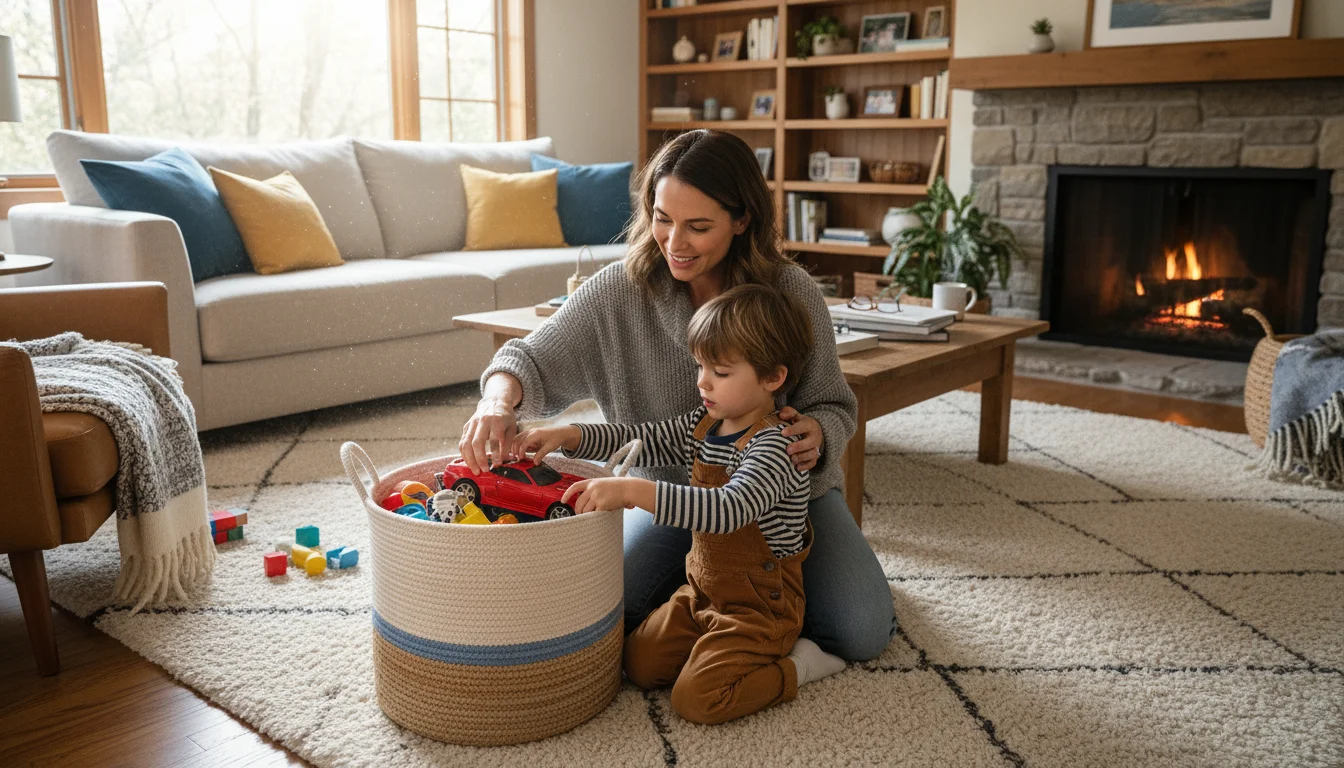 Parent and child kneeling on a rug, cooperatively putting colorful toys into a storage bin in a warm, naturally lit family room.