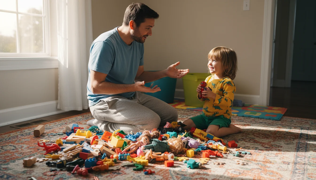 Parent and child kneeling on a rug, surrounded by a large pile of mixed toys, actively sorting them into small, distinct category piles.