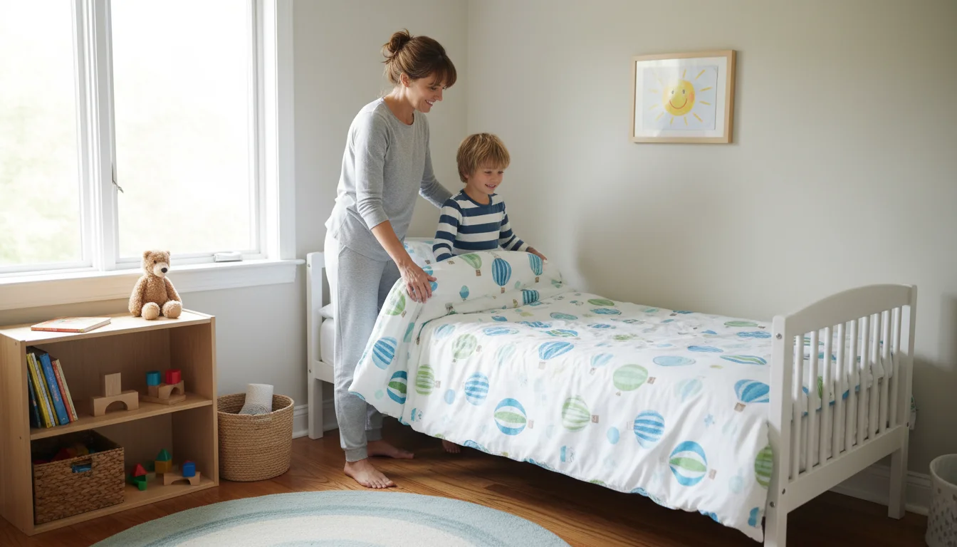 A parent and child make a twin bed together in a bright, organized child's bedroom, smoothing a duvet.